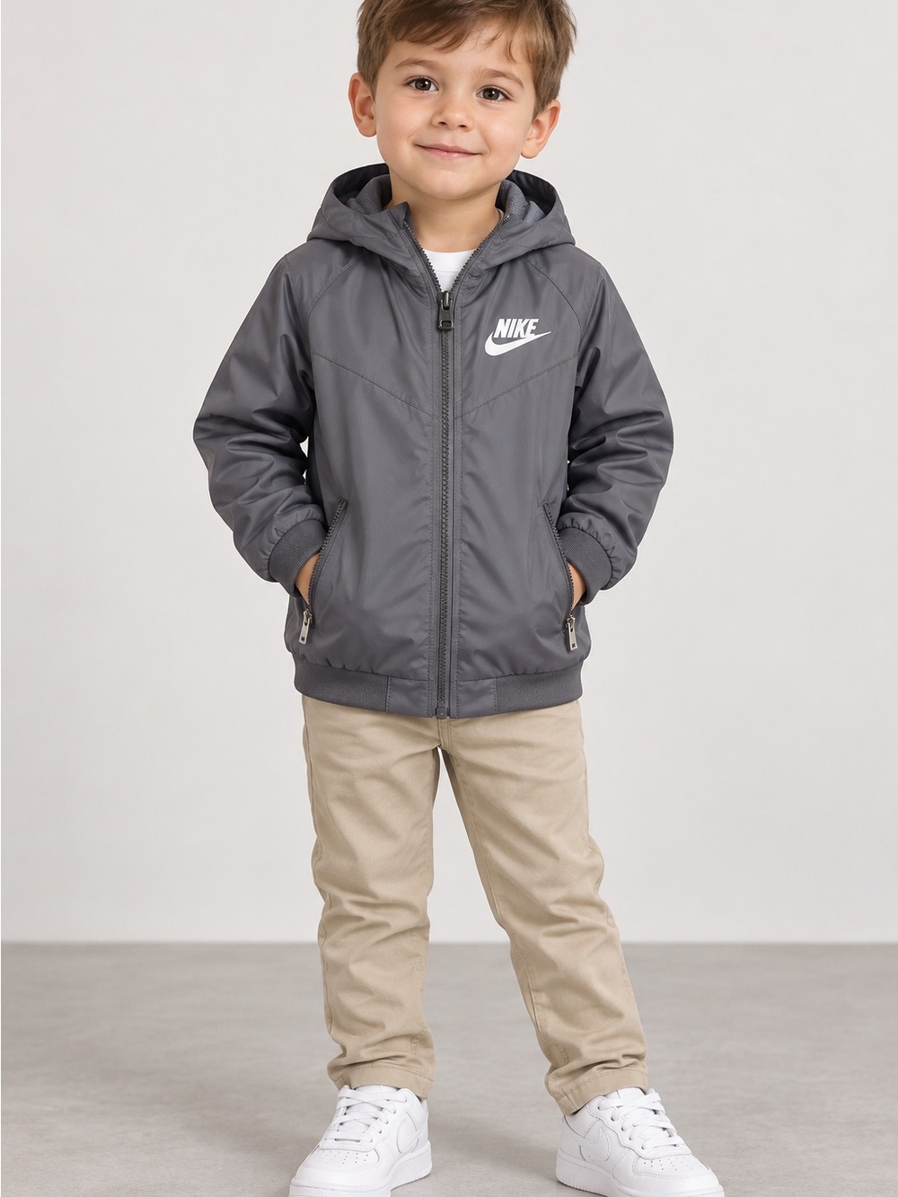Nike Kids Gray Hooded Rain Jacket with White Logo